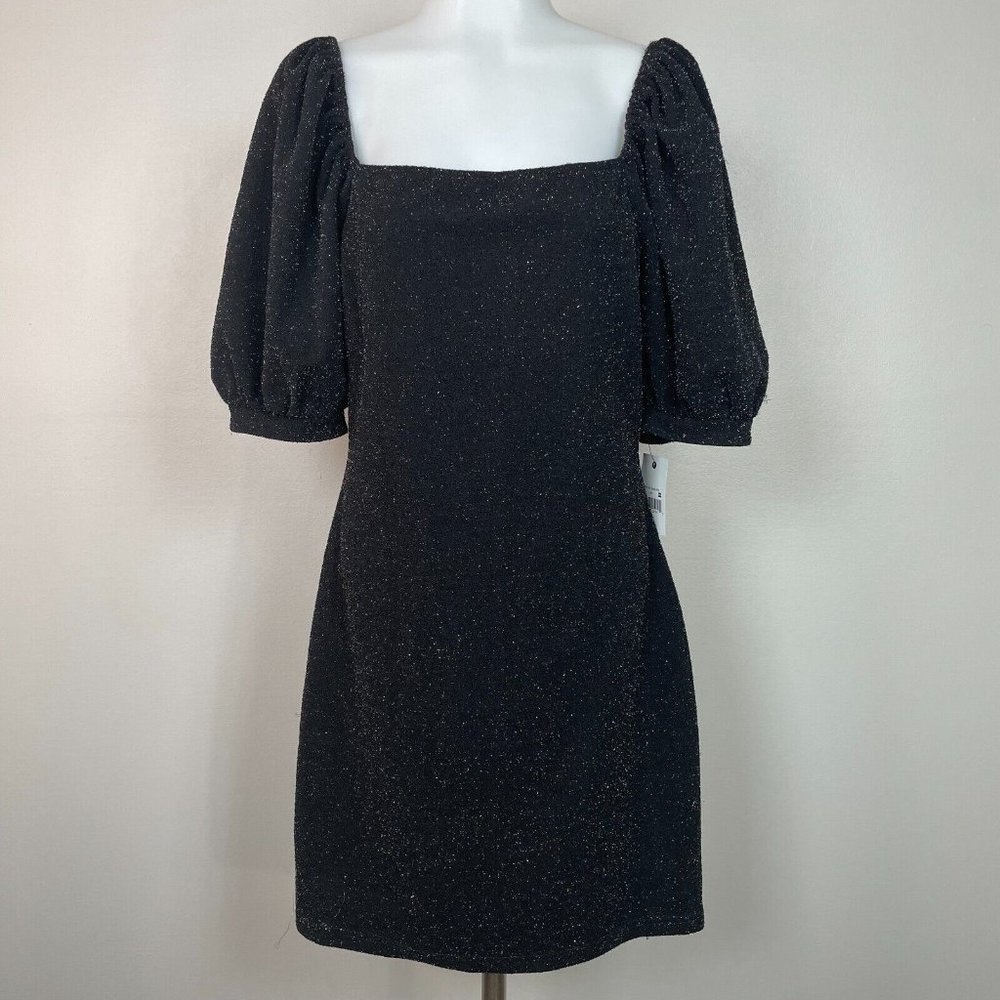 Ophelia Roe Mini Dress Medium Black Silver Sparkle Puff Shoulder Square Neck NWT